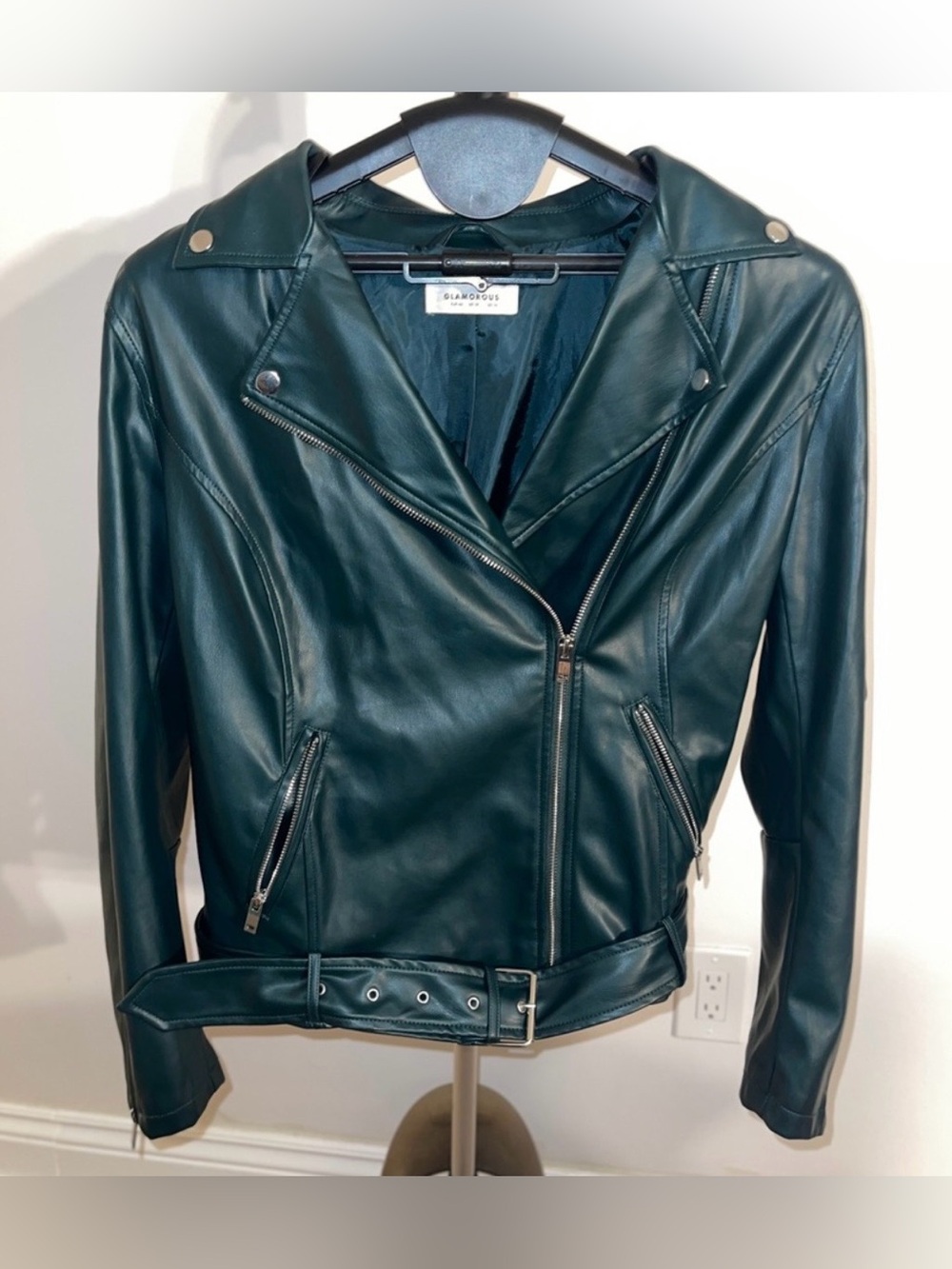Glamorous UK Dark Forest Green Faux Leather Moto Jacket - Picture 5 of 15